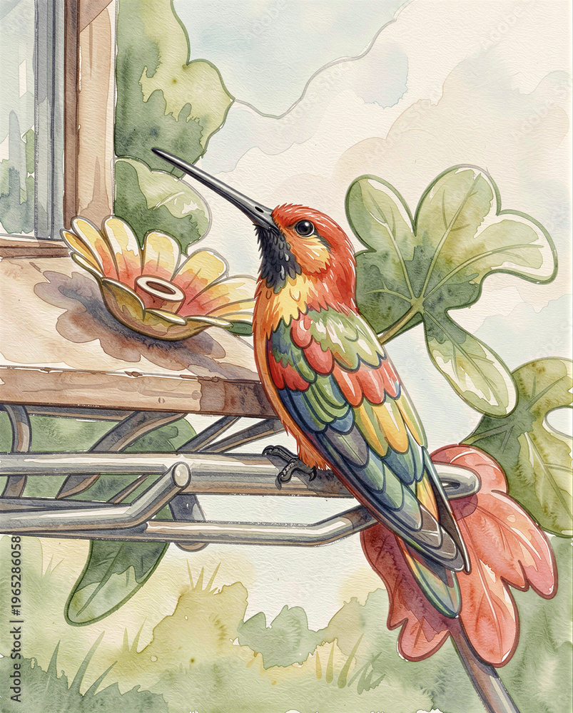 Naklejka premium This is a watercolor painting of a colorful hummingbird perched on the armrest of an outdoor chair. The bird has vibrant orange and red feathers with green wings and tail.