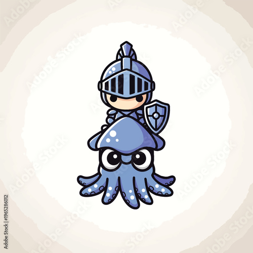 A cute cartoon knight rides a giant squid, featuring helmet, shield, and a stylized, artistic background