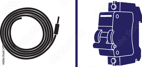Flat vector icons featuring a black coiled electrical cable and a blue circuit breaker switch, representing professional electrical installation, power safety, and home wiring maintenance.