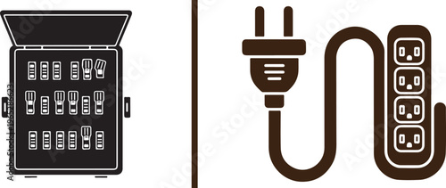 A dual-panel vector illustration featuring a black electrical circuit breaker panel and a brown power strip with a plug, separated by a vertical line. Ideal for electrical and utility themes.