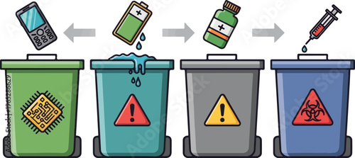 Electronic waste, battery, medicine, and syringe discarded into specialized bins