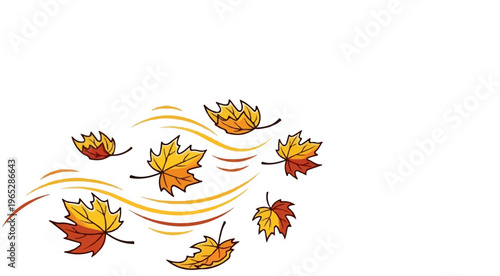 Falling autumn leaves carried by swirling winds, depicted in warm colors