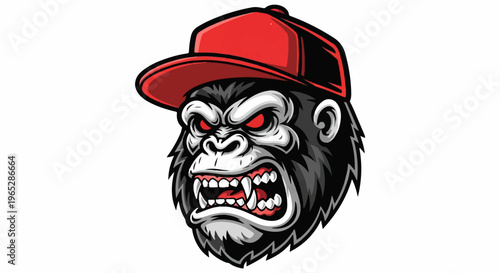 Feral ape in red cap, teeth bared, eyes burning with fiery red glow