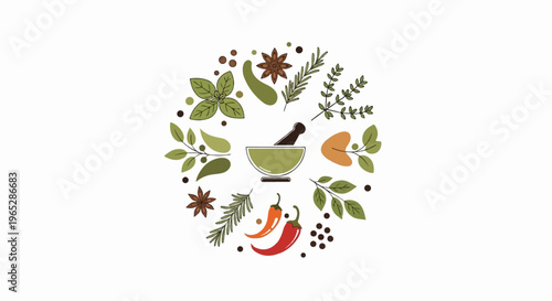 Flat design of mortar and pestle with assorted herbs and spices
