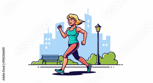 Fit woman jogging in a city park with buildings and trees