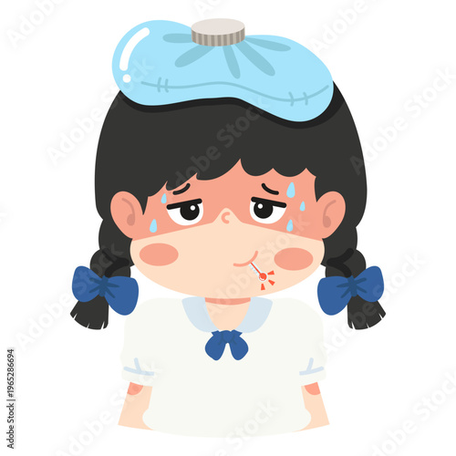 Sick girl with ice pack and thermometer feeling unwell