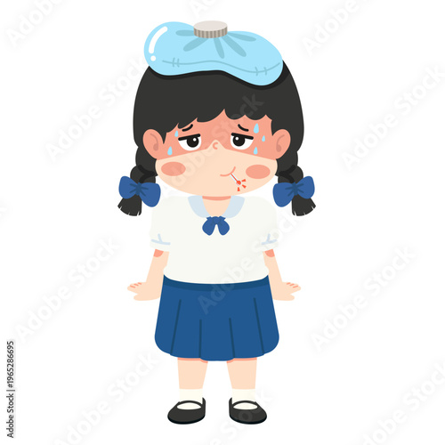Sick girl student with ice pack on head feeling unwell