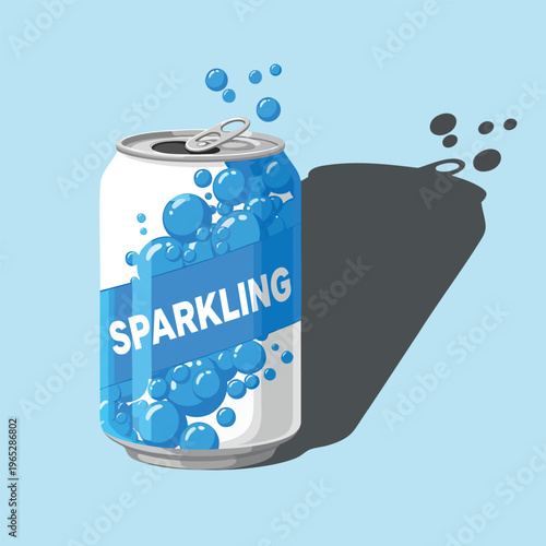 A cartoon-style illustration of a soda can with blue text, bubbles, and a shadow on a light blue background