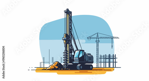 Heavy machinery drills into ground at construction site with crane