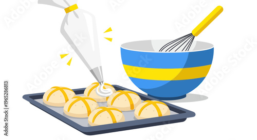 Decorating Hot Cross Buns with Icing Bag and Whisked Batter in Bowl