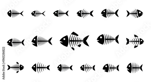 Fish Skeleton Icons Set, Vector Art, Animal Bones, Silhouette Collection