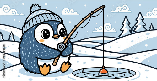 A cute cartoon penguin in a winter hat fishes through a hole in the ice