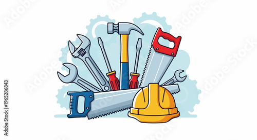 A collection of construction tools and safety gear