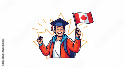 Joyful graduate in cap and gown holds Canadian flag, celebrating success
