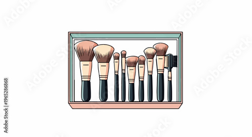 A collection of various makeup brushes organized in a light pink holder