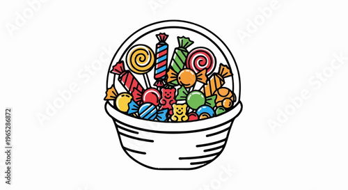 A basket overflowing with colorful, individually wrapped candies and gummy bears