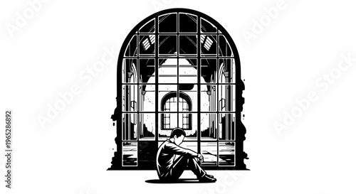 Lone figure sits introspectively before a large, arched, gridded window