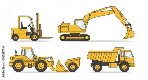 Yellow Construction Equipment Set: Excavator, Forklift, Loader, Dump Truck