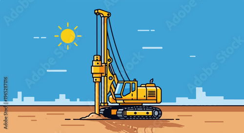 Yellow drill rig operates on construction site under sunny skies with city skyline