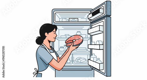 Person in apron putting salmon steak into a filled refrigerator