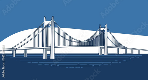 Minimalist suspension bridge crosses dark blue water under sky