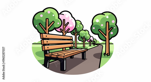 A quaint park scene features a wooden bench beside a winding path lined with trees