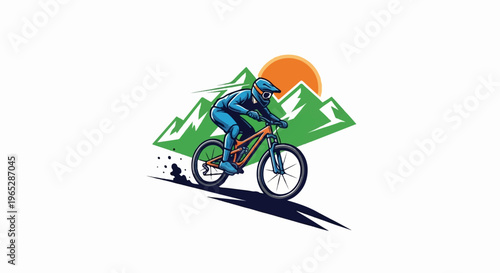 A downhill mountain biker speeds past green mountains under a bright orange sun