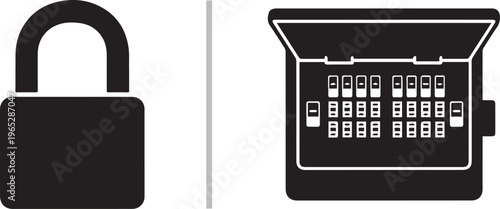 A dual-panel vector illustration featuring a black padlock and an open electrical breaker box, separated by a vertical grey line. Ideal for electrical safety and secure utility themes.