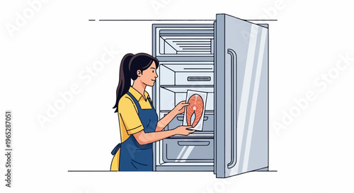 Person putting packaged raw fish steak into a refrigerator