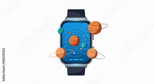 A smartwatch displays a solar system with orbiting planets and rings