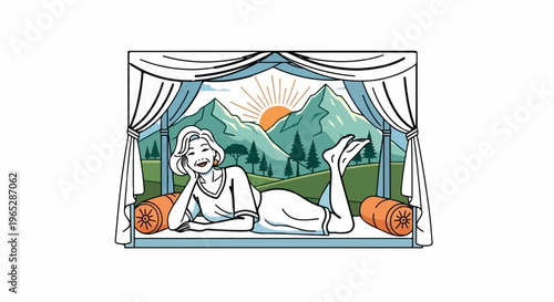 Woman relaxing indoors with a mountain sunrise vista visible through window