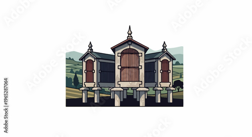 Pixel art of three granaries standing on stilts in a hilly landscape