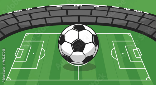 A graphic of a soccer ball rests on a field with stadium lights above