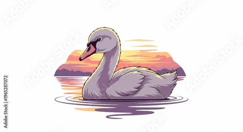 Pixel art swan glides peacefully on water at sunset