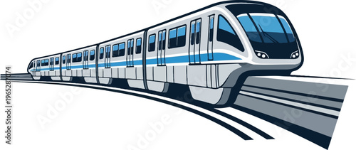 A sleek, modern monorail glides along an elevated track against a white background