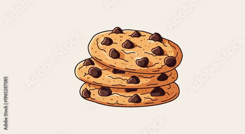 A stack of three textured chocolate chip cookies with a creamy background