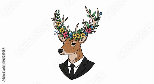A stag adorned with vibrant flowers on its antlers, wearing a crisp suit