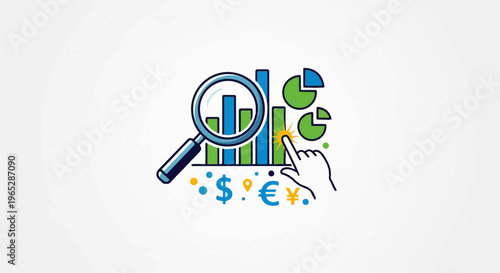 A graphic representation of financial analysis with charts, magnifying glass, and currency symbols
