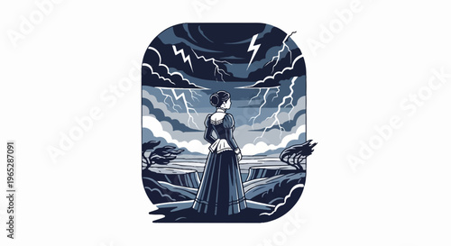 Woman in vintage dress facing stormy, lightning-filled sky over landscape