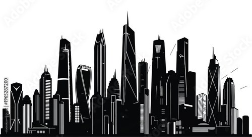 City skyline silhouette features numerous tall urban buildings against a bright white.