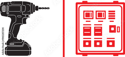 Flat vector icons of a black cordless power drill and a red electrical fuse box, representing professional electrical work, home maintenance, construction, and power tool equipment.