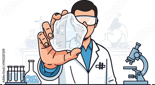 Scientist examining a clear crystalline substance under laboratory conditions