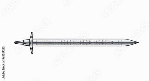 A silver syringe-like instrument with a pointed tip and graduated markings
