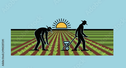 Two farmers working a field at sunrise