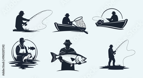 Silhouette icons depict fishermen casting lines, netting fish, and holding catches