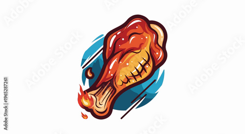 A spicy, flaming chicken wing illustrated in a cartoon style