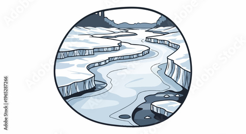 A winding river flows through a frozen, icy landscape with cliffs