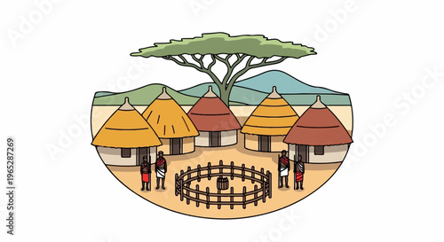 Traditional village scene with thatched huts, people, and a savanna tree