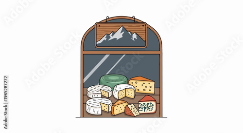 A storefront display of various cheeses with a mountain image above