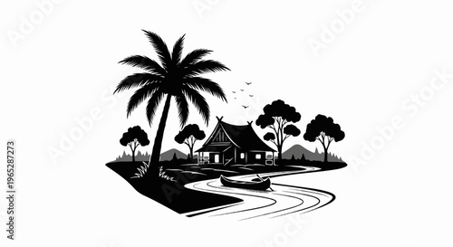 Tropical landscape with a hut, palm tree, and a boat on a winding river